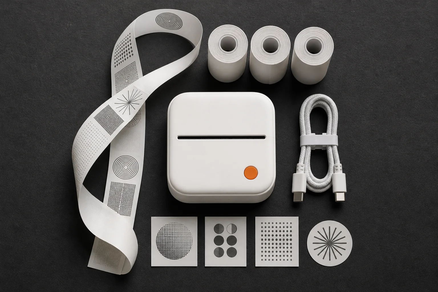 LOOPR One kit with paper rolls, cable, and printed samples