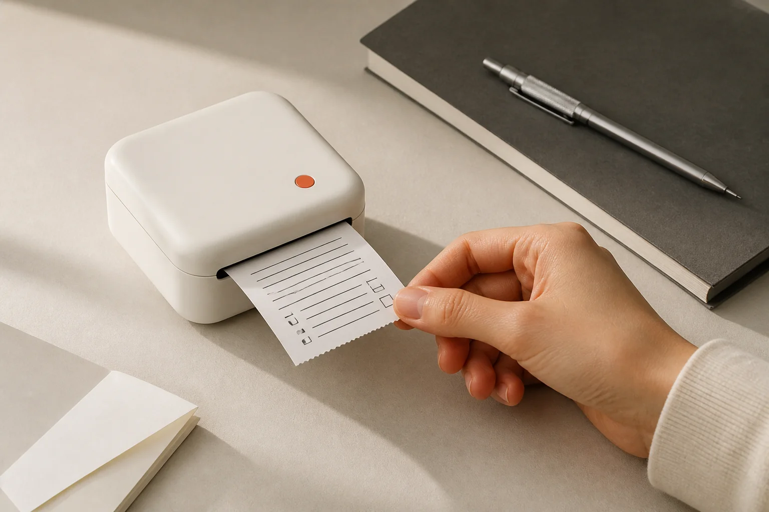 A hand tears a freshly printed checklist from LOOPR One